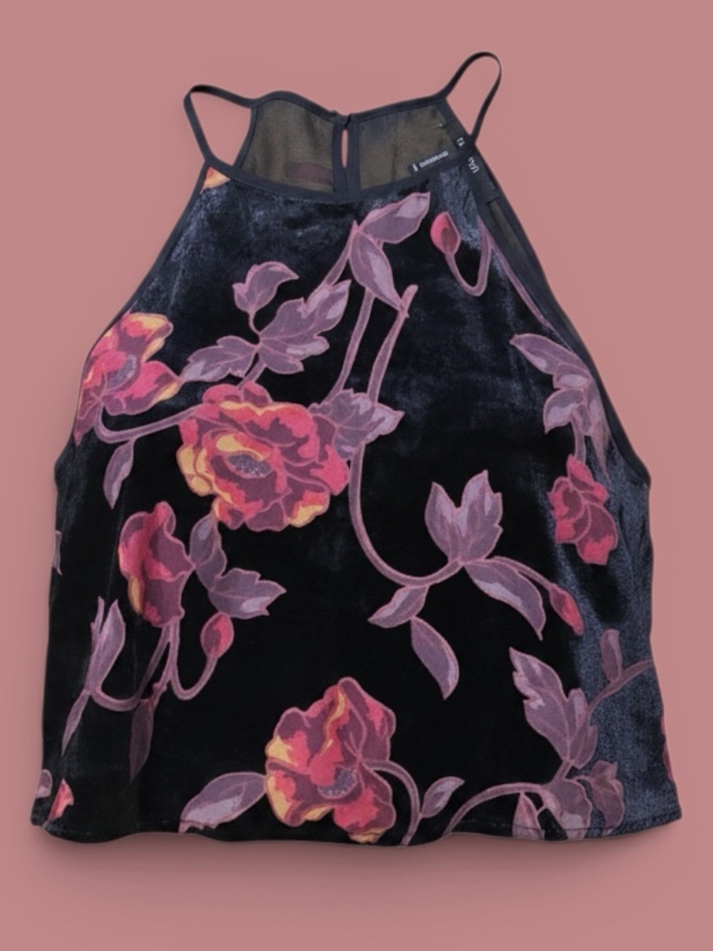 Forever 21 Black Velvet Halter Camisole with Pink and Yellow Floral Print